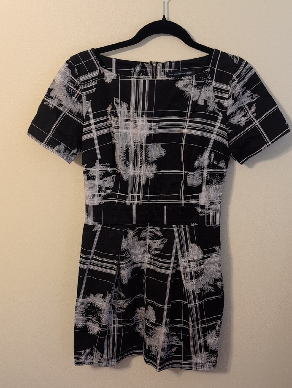 French Connection Black and White Plaid Brushstroke Mini Dress